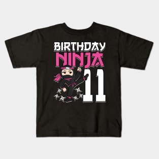 Birthday Ninja 11 Girl Pink Shinobi Themed 11th B-Day Party Kids T-Shirt